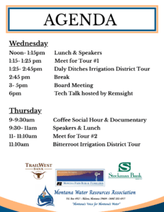 Agenda page listing Wednesday schedule with times and events (Lunch & Speakers, Meet for Tour #1, Daly Ditches Irrigation District Tour, Break, Board Meeting, Tech Talk).