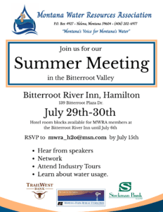Montana Water Resources Association Summer Meeting flyer with event location in Bitterroot Valley and sponsor logos at the bottom, conveying event details.