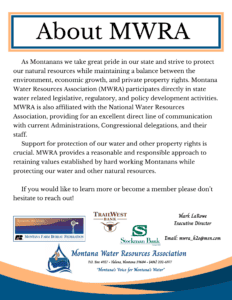 Header reads 'About MWRA' inside a blue-bordered peach frame, followed by Montgomery-like serif text about Montana Water Resources Association's mission and sponsors at the bottom of the page.