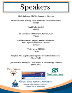 Poster titled Speakers showing a list of event speakers and their titles; includes names like Mark LaRowe and Kristen Juras with Wed/Thu labels and logos at the bottom.
